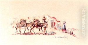 Pack Mules And People Outside Of Adobes by Laverne Nelson Black
