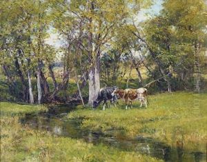 Pastoral Landscape With Cows Next To A Stream And Tall Trees In The Background by Olive Parker Black