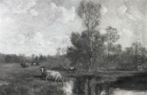 Cattle Watering In A Summer Landscape by Olive Parker Black
