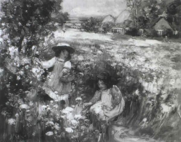 Young Girls Picking Flowers In A Meadow - view 1