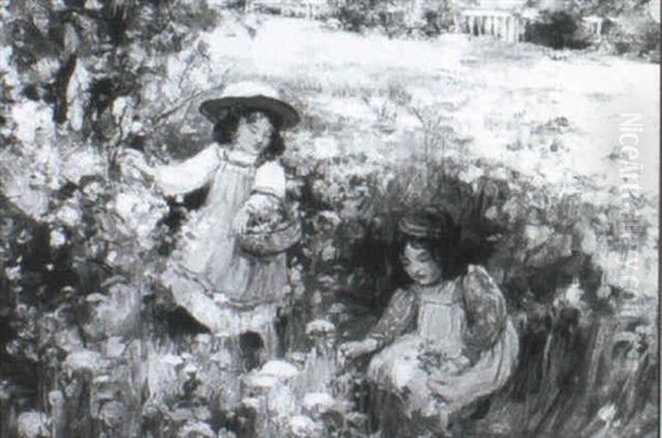 Two Girls Picking Wild Flowers In A Meadow - view 1