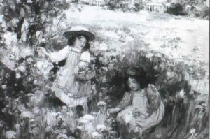 Two Girls Picking Wild Flowers In A Meadow by Thomas Bromley Blacklock