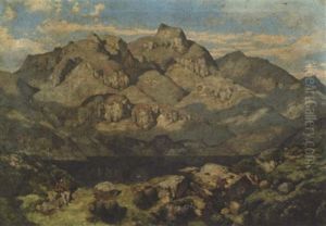 Lake District Landscape Witha Mountain Beyond, A Fisherman Seated On A Foreground Rock by William James Blacklock