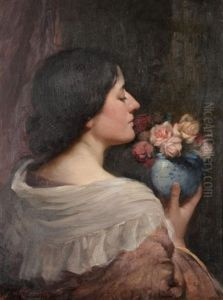 An Elegant Lady Standing With A Bowl Of Roses by William Kay Blacklock