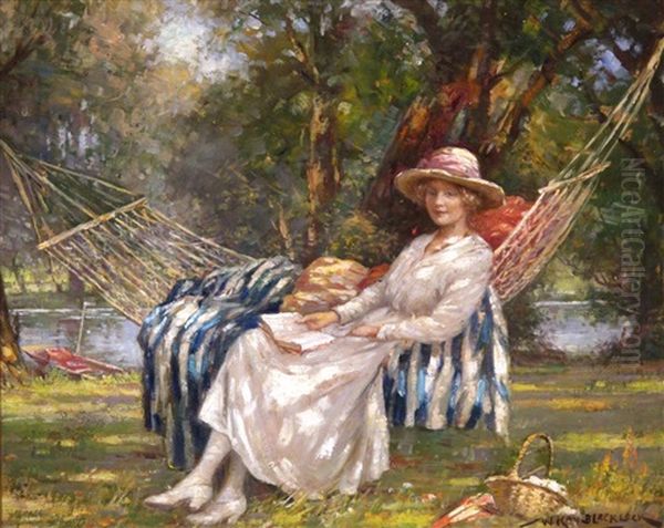 A Lady Reclining In A Hammock By The River - view 1
