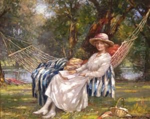 A Lady Reclining In A Hammock By The River