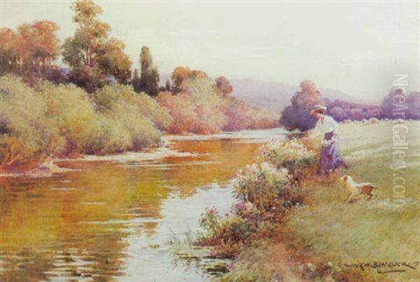 River Meadow, A Lady Picking Flowers In The Foreground, A Dog At Her Feet - view 1