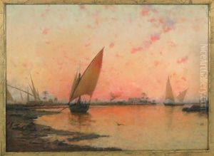 Boats On The Nile River At Sunset by Walter Blackman