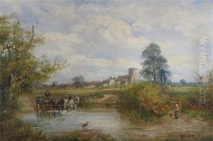 A Village Scene By A Ford by Walter Blackman
