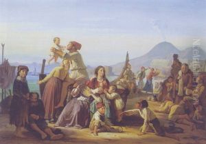 Italienske Fiskerfamilier, Der Holder Siesta Pa Stranden Ved Vesuv