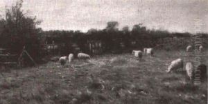 Flock Grazing In A Farmyard by John Blair