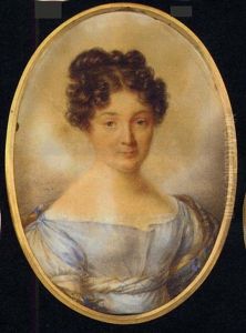A Young Lady In A Blue Dress With Underslip, Wearing A Striped Stole Over Her Left Arm, Her Dair Dressed In Curls A Young Lady In A Blue Dress With Underslip, Wearing A Striped Stole Over Her Left Arm, Her Dair Dressed In Curls