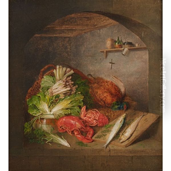 Kitchen Still Life With Asparagus, Poultry And Lobsters - view 1
