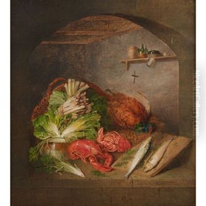 Kitchen Still Life With Asparagus, Poultry And Lobsters by Benjamin Blake