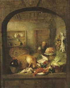 A Kitchen Still Life With Lobster, A Hare And Vegetables
