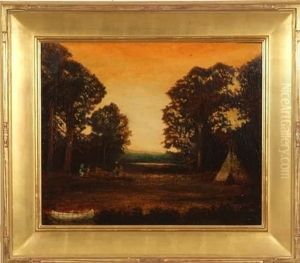 Woodland Interior Scene With Teepee, Canoe And Figures