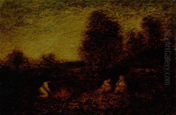 Three Figures, Campfire, And Tents - view 1
