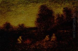 Three Figures, Campfire, And Tents