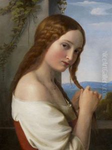 Portrat Eines Madchens Am Fenster Mit Blick In Eine Weite Landschaft by Louis Ammy Blanc