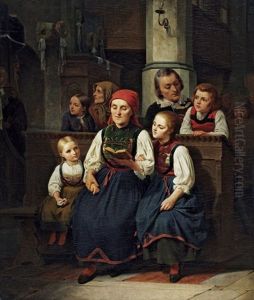 Die Morgenandacht - Bauerin Mit Ihren Zwei Tochtern In Der Kirche by Louis Ammy Blanc