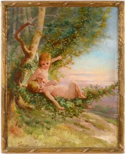 Putti Jouant Au Pied D"un Arbre (2 Works) by Henri Emmanuel Blanc-Fontaine