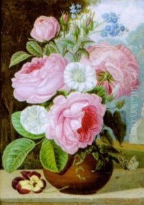 Tonvase Mit Rosen Und Anderen Bluten, Mit Schmetterling Auf Einer Balustrade by Emile Theophile Blanchard
