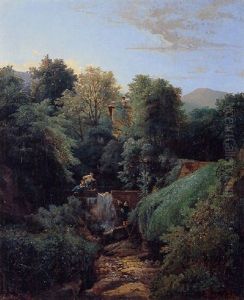 Figures By A Waterfall With A Mountainous Landscape Beyond by Henri Pierre Leon Pharamond Blanchard