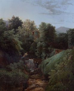 A Wooded Landscape With Boys Fishing By A Waterfall by Henri Pierre Leon Pharamond Blanchard