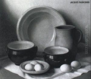 Still Life With Eggs, Pottery And White Cloth