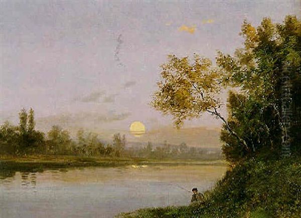 Pecheur Au Bord De La Riviere A L'aube - view 1
