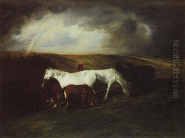 Chevaux Dans Un Paysage A L'arc En Ciel - view 1