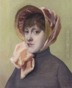 Portrait Of A Girl, Head And Shoulders, In A Pink Bonnet And Grey Coat