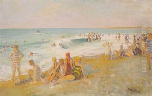 Baignade Sur La Plage De Dieppe, Le Soir