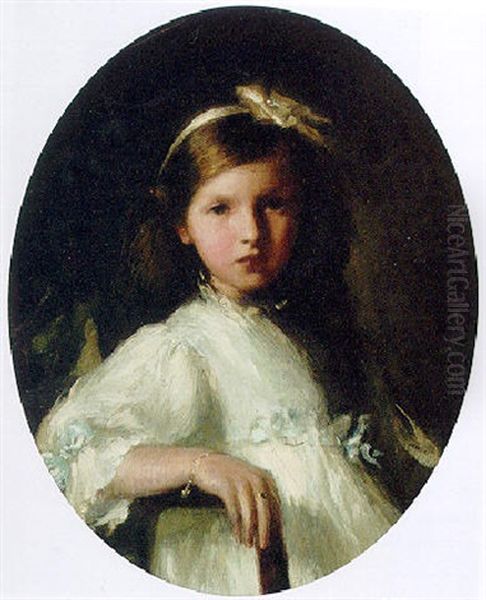 Portrait Of A Young Girl Wearing A White Dress And Wearing A Ribbon In Her Hair - view 1