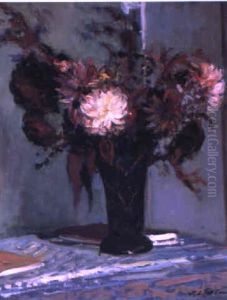 Roses And Chrysanthemums In A Vase On A Table
