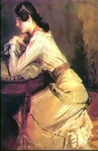 Desiree Manfred En Robe Blanche Garnie De "comete" De Velours Noirs Les Deux Coudes Appuyes Sur Un Gueridon by Jacques-Emile Blanche