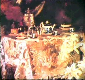 Nature Morte Au Samovar Et Aux Lys Blancs Peint Dans La     Salle A Manger D'auteuil