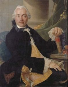 Portrait Of A Gentleman, Three-quarter-length, Seated, In A Black Coat And Embroidered Waistcoat, His Left Hand Resting On A Book