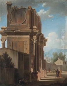 Classical Figures Conversing And Playing Music Beneath A Triumphal Arch