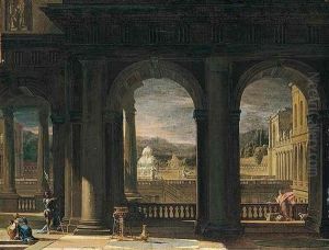 An Architectural Capriccio With Figures Near A Balcony Overlooking A Courtyard And A Park Beyond An Architectural Capriccio With Figures Near A Balcony Overlooking A Courtyard And A Park Beyond
