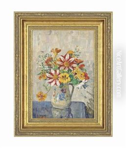 Dahlias, Nasturitiums, Daisies, Fresias And Primroses In A Jug by Emily Beatrice Bland