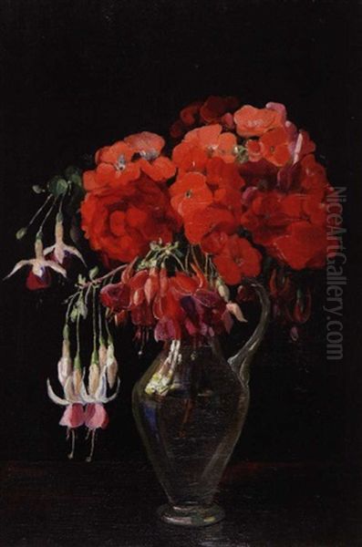 Fuchsias And Geraniums, Flowerpiece In Glass Pitcher - view 1