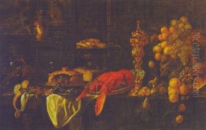 Still Life Of Feast Table With Lobster And Fruit by Emily Beatrice Bland