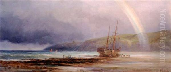 Beached Sailing Vessel With Figures, Whitby Abbey In The Distance - view 1