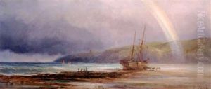 Beached Sailing Vessel With Figures, Whitby Abbey In The Distance