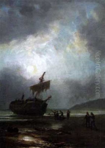 A Stormy Coastal Scene With Beached Fishing Vessel And Fishermen On The Beach - view 1
