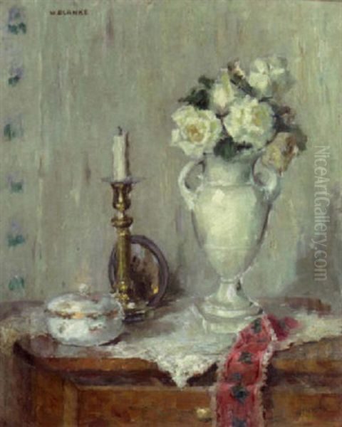 A Still Life With White Roses In A Vase On A Commode - view 1