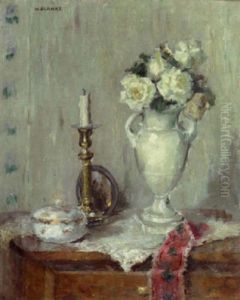 A Still Life With White Roses In A Vase On A Commode