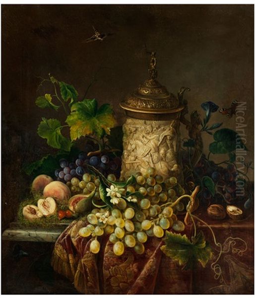 Groses Herbstliches Fruchtestillleben Mit Elfenbeinhumpen Und Insekten - view 1
