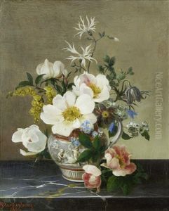 Still Life Of Flowers On A Marble Ledge by Adolf Blankenburg